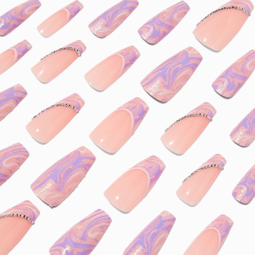 Purple Swirl‎ Bling Squareletto Vegan Faux Nail Set - 24 Pack